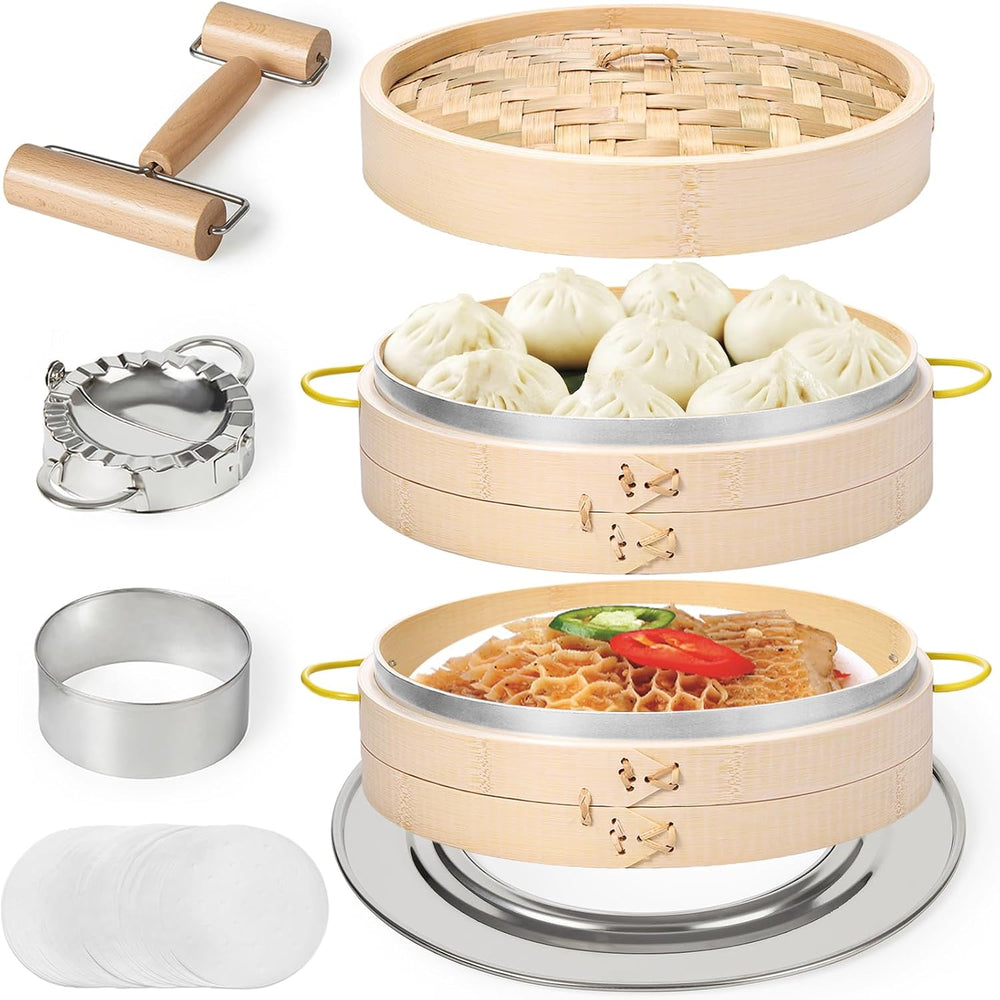 MacaRio 10 Inch Bamboo Steamer Basket Dumpling Make Set with Ring Adapter
