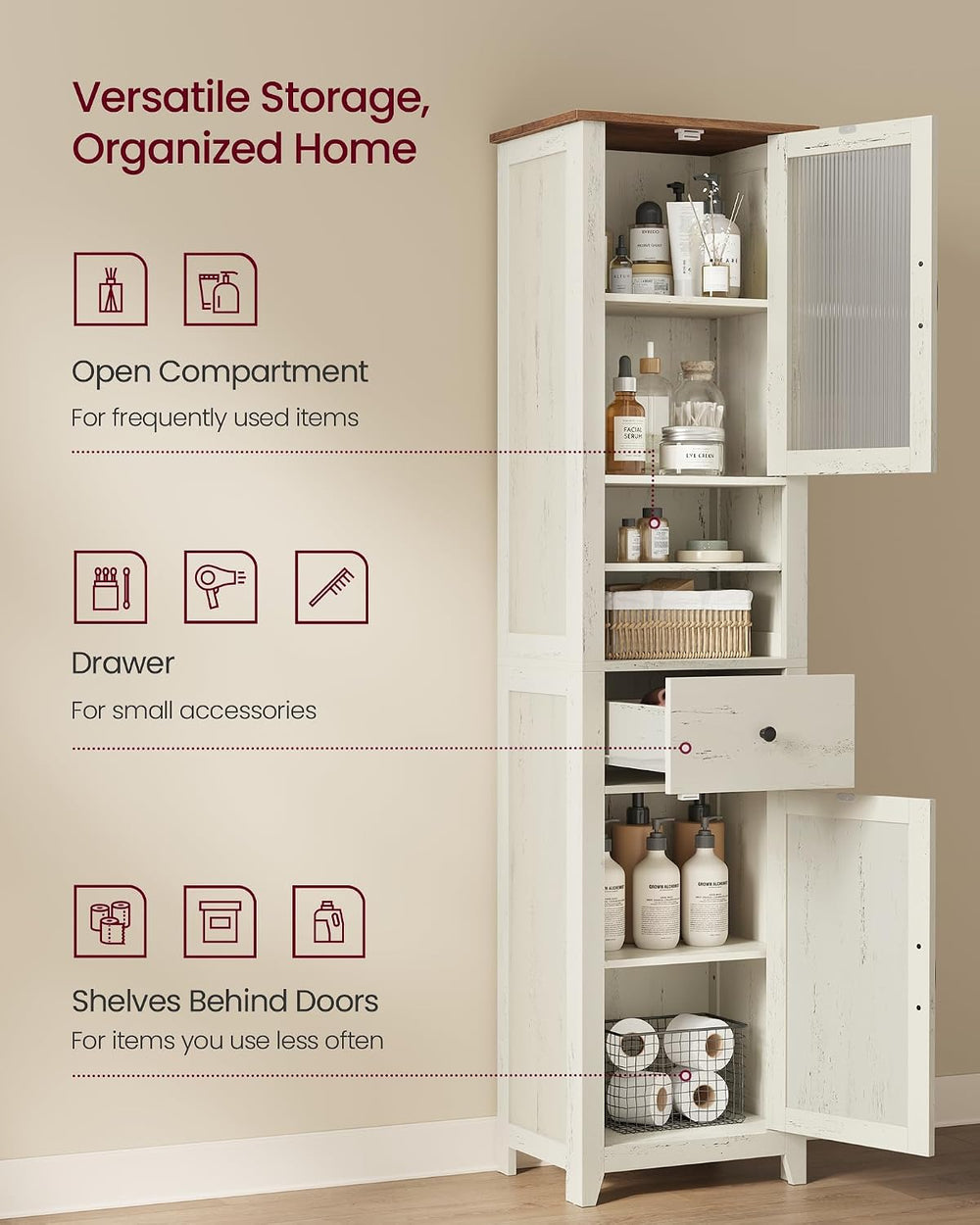 VASAGLE Tall Bathroom Cabinet, Narrow Space Saver, 15.7 x 12.4 x 67.3 inch