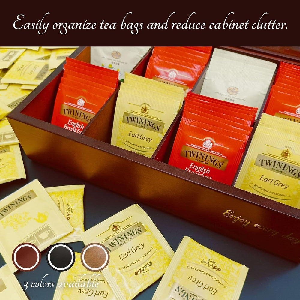 BJOYFUL&LOVED Wooden Tea Box with Glass Lid, 8-Compartment, Walnut Color