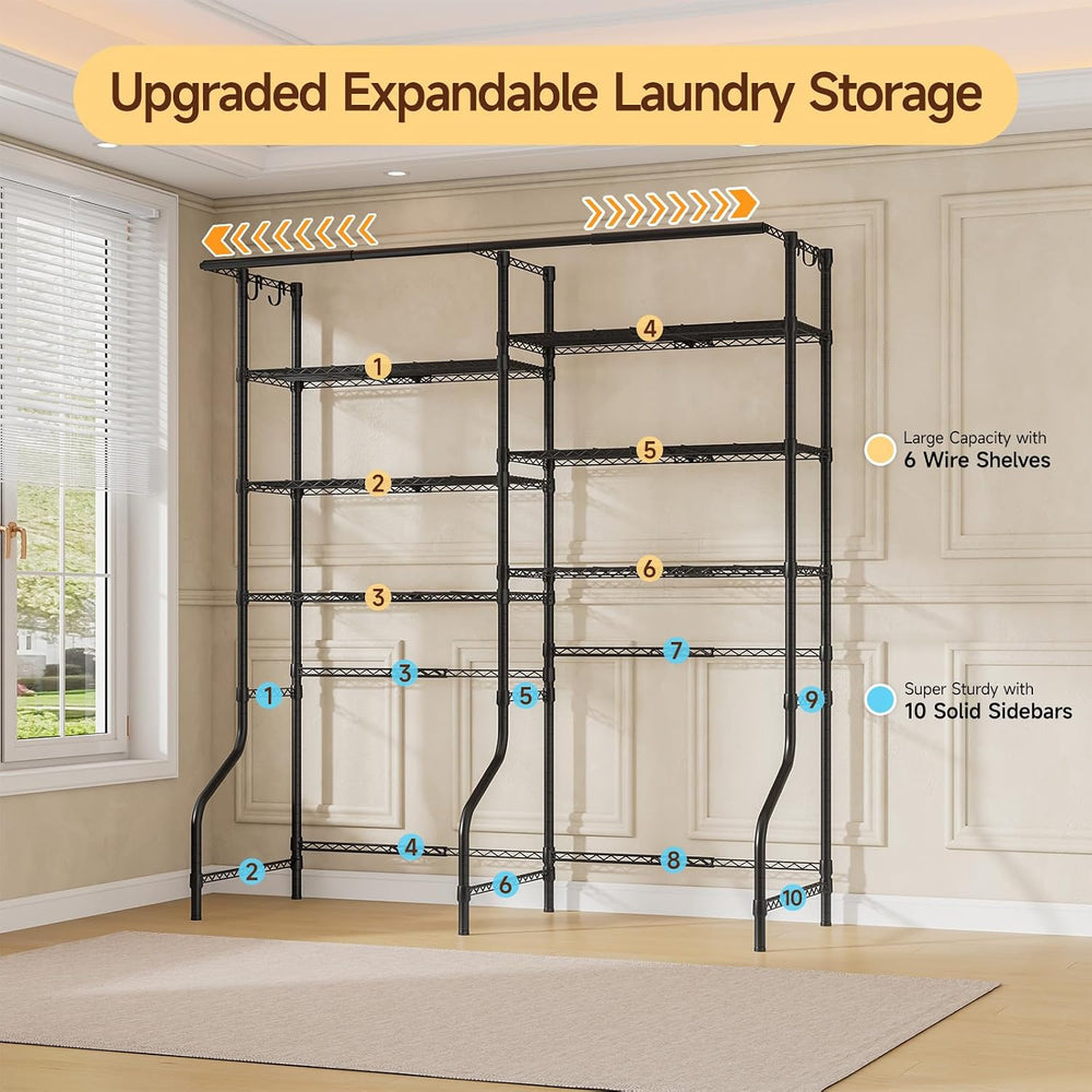 ONBRILL 6 Tiers Expandable Over Washer and Dryer Shelves, Black