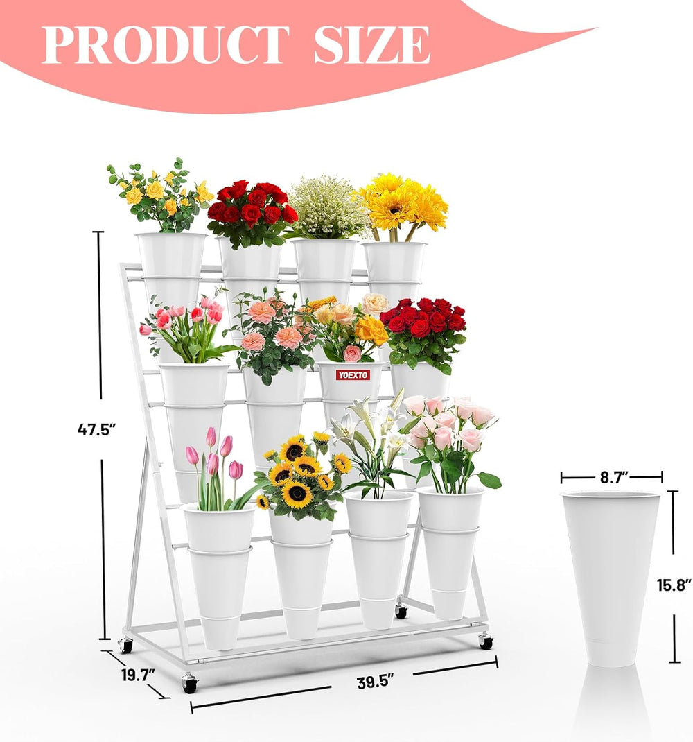 Flower Display Stand with 12 Buckets, 3-Layer Metal Plant Stand with Wheels, ...
