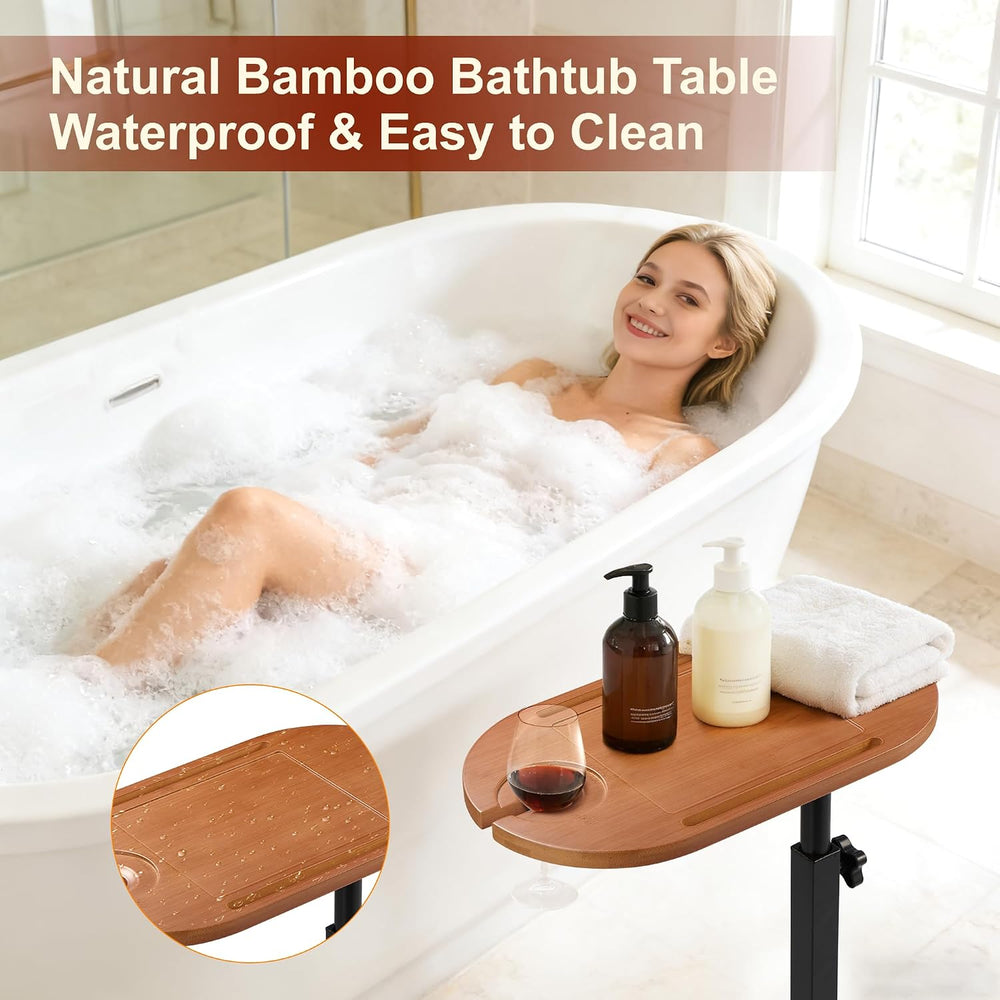 Bamboo Bathtub Side Table, Height Adjustable Bath Caddy Tray