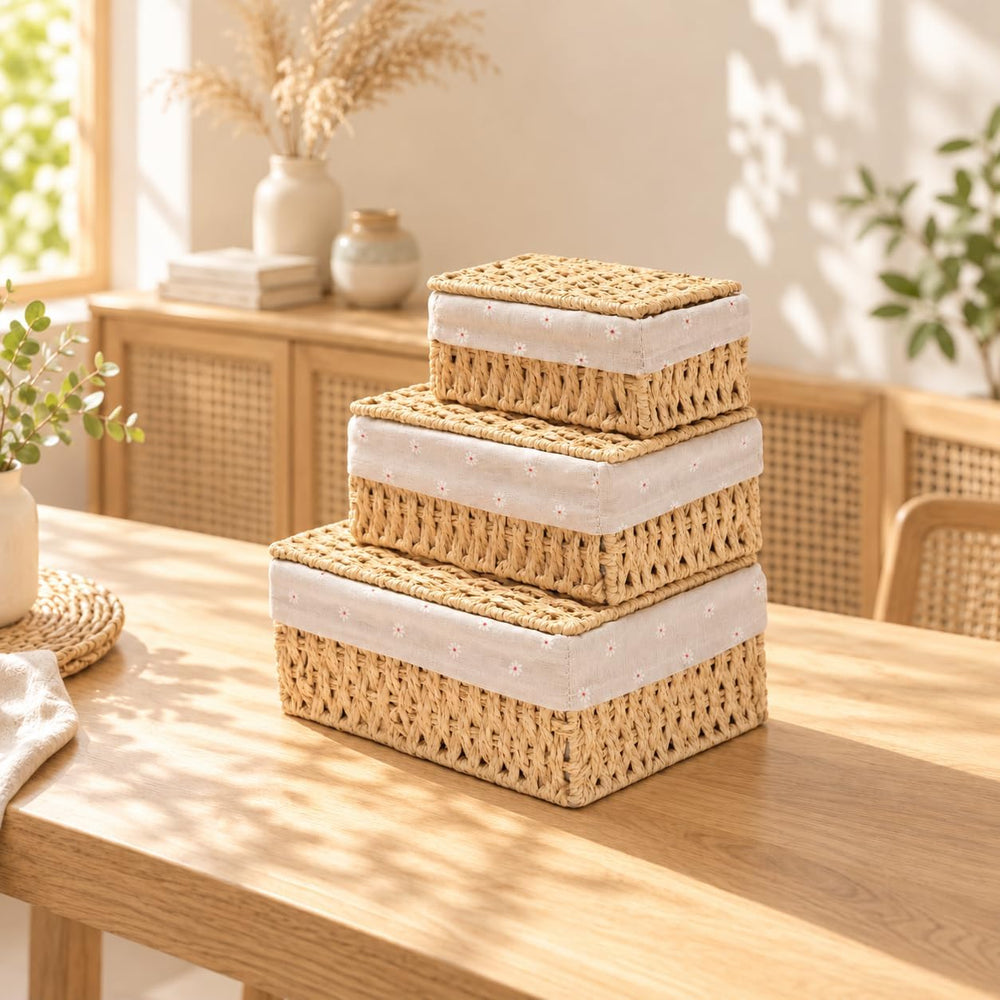 GIB Small Wicker Baskets with Lid & Liner Decorative Storage Boxes Set of 3