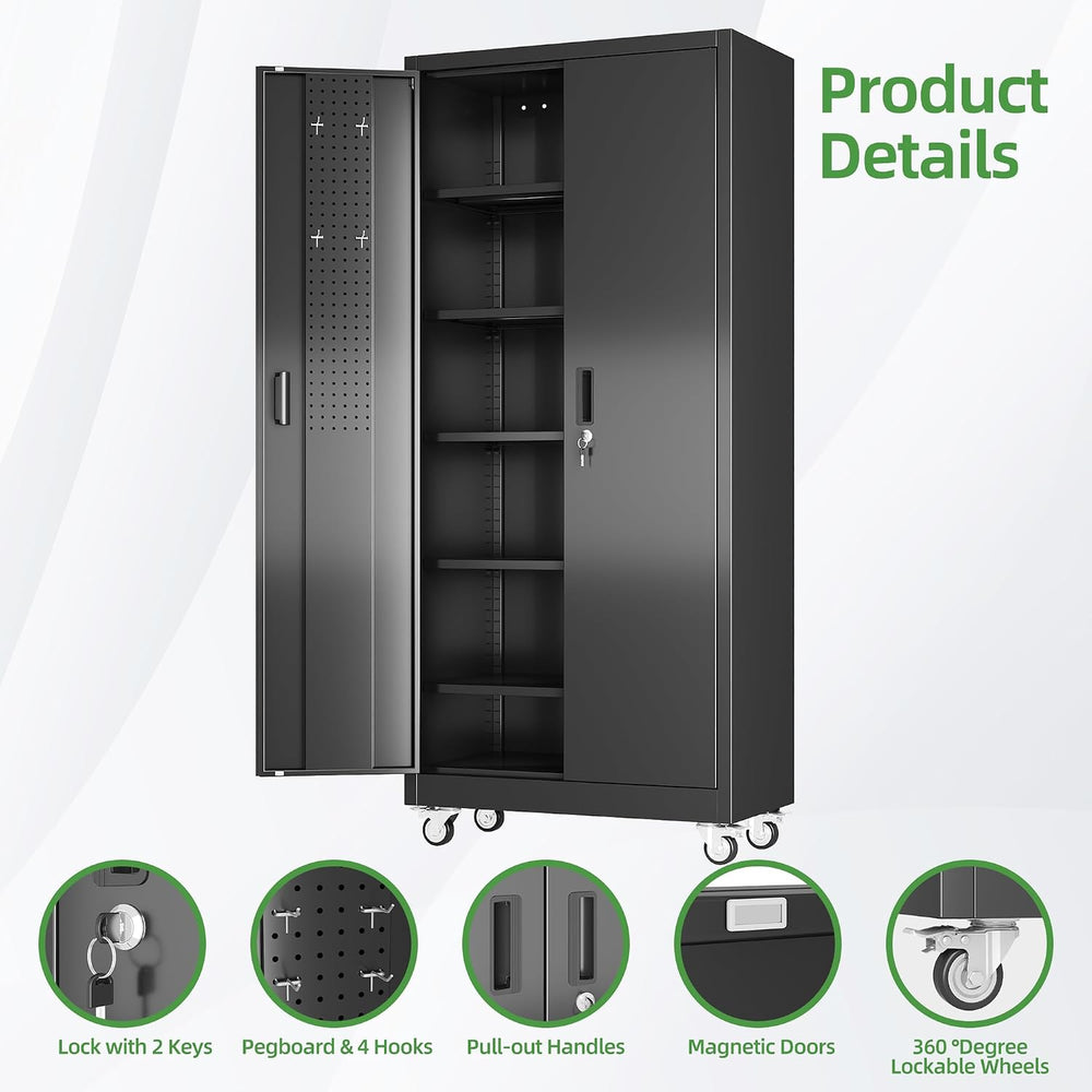 Reemoon 5 Adjustable 170 lb Shelves, Lockable Doors, Door pegboard and 4 Remo...