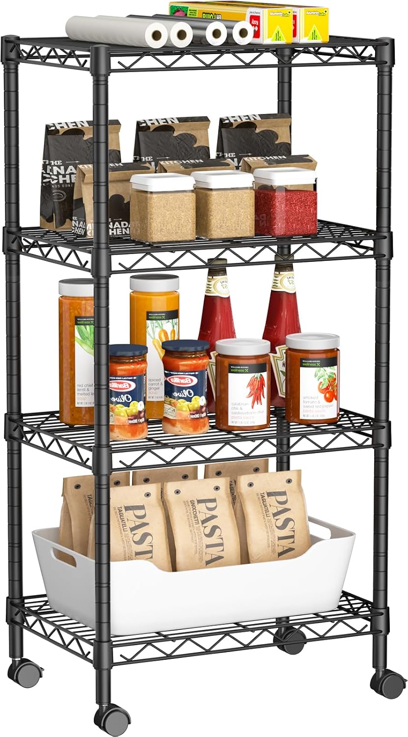 Golpart Small Shelves Storage Wire Metal Adjustable Shelf Unit with Wheels