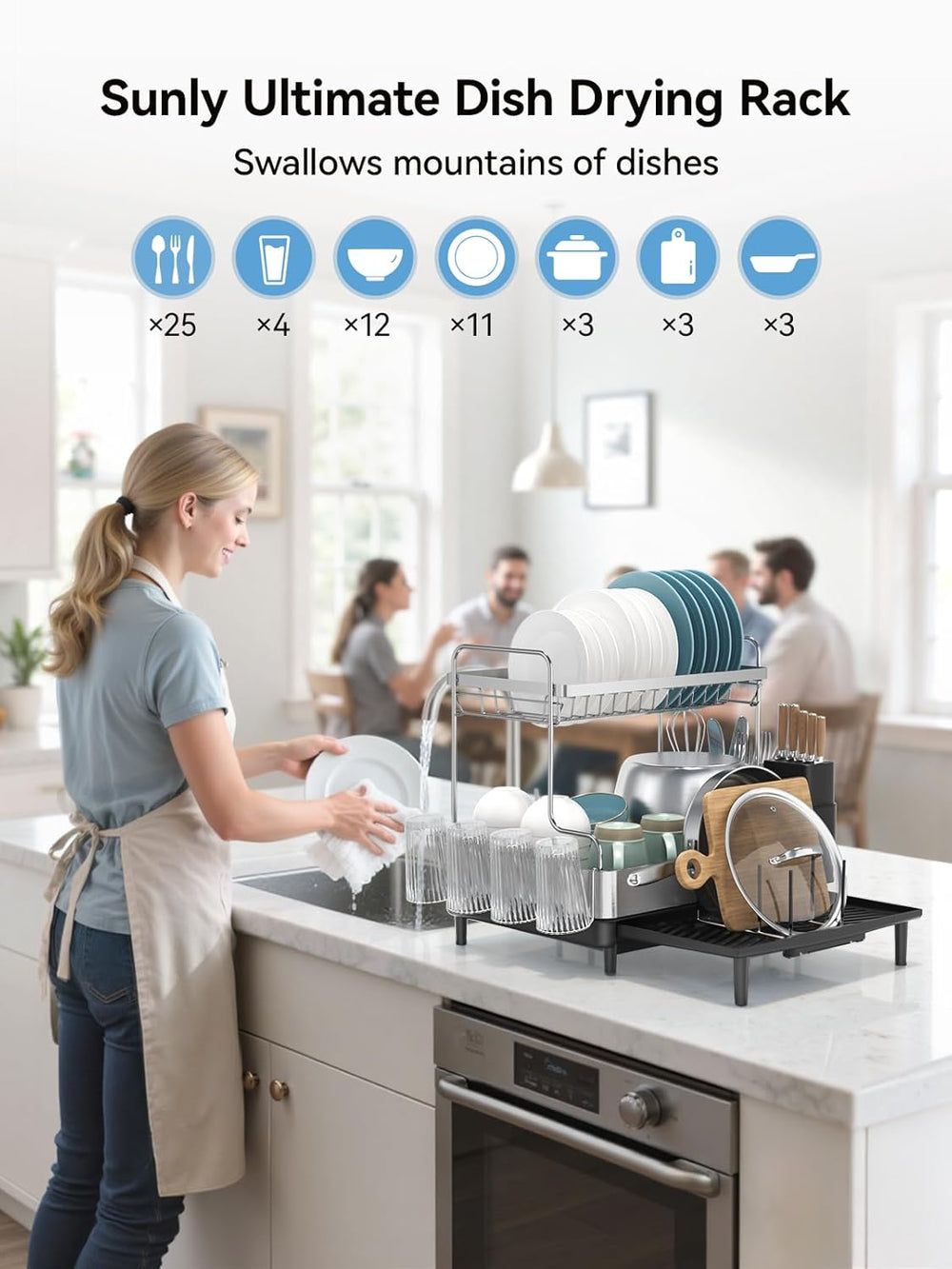 SUNLY 2 Tier Dish Drying Rack, Extra Large Dish Rack, Expandable Dish Racks f...