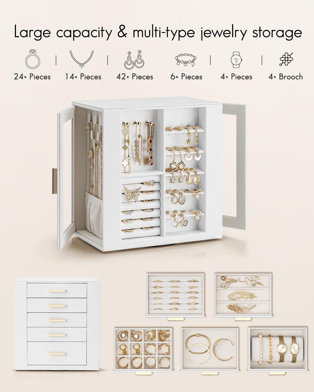 VLANDO 360°Rotating PU Leather Jewelry Box With 5 Drawers & Glass Window