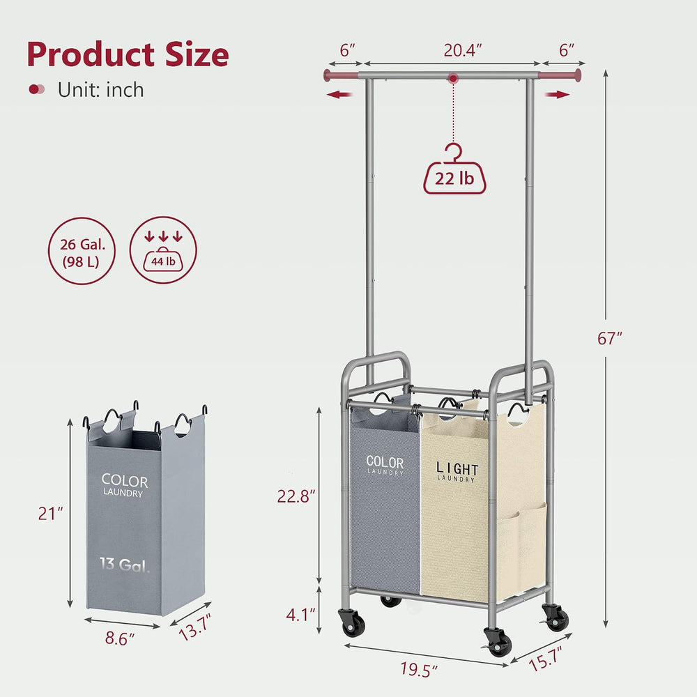 Tajsoon 2 Section Laundry Sorter Hamper with Hanging Rack, Beige & Gray
