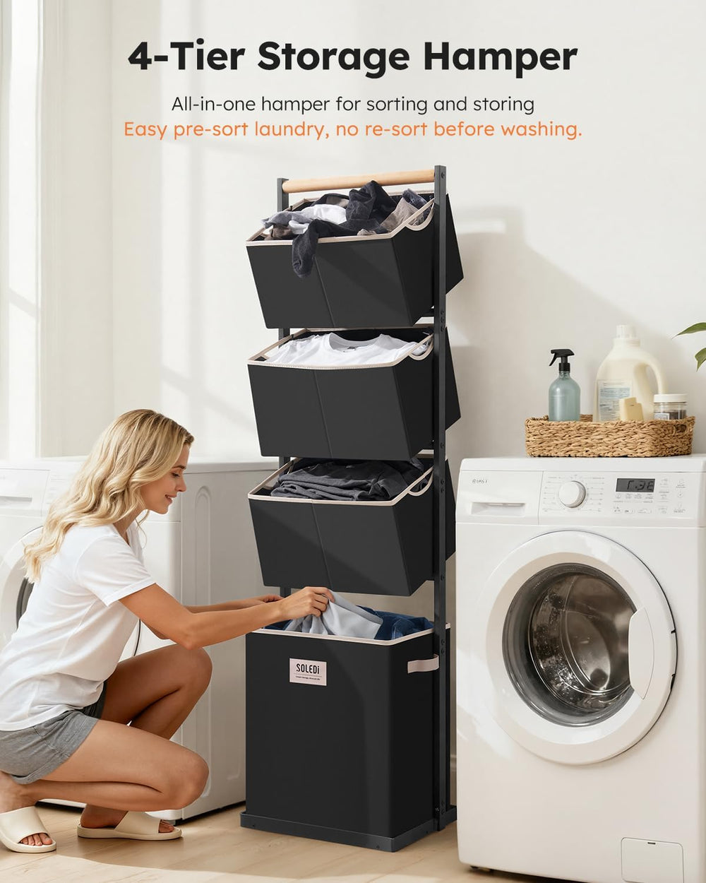 SOLEDI 4-Tier Laundry Hamper Sorter Vertical Laundry Basket for Small Space