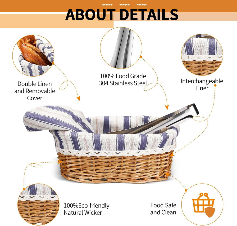 2 Set 11" 12" Bread Basket, Natural with Gray White Stripes Cover