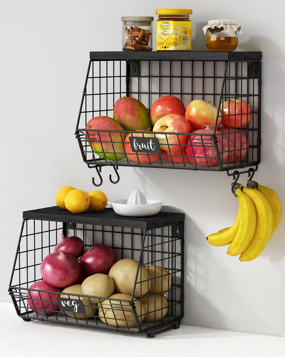 Goozii Black Kitchen Wall Hanging Storage Basket Set of 2, Rustic Stackable K...