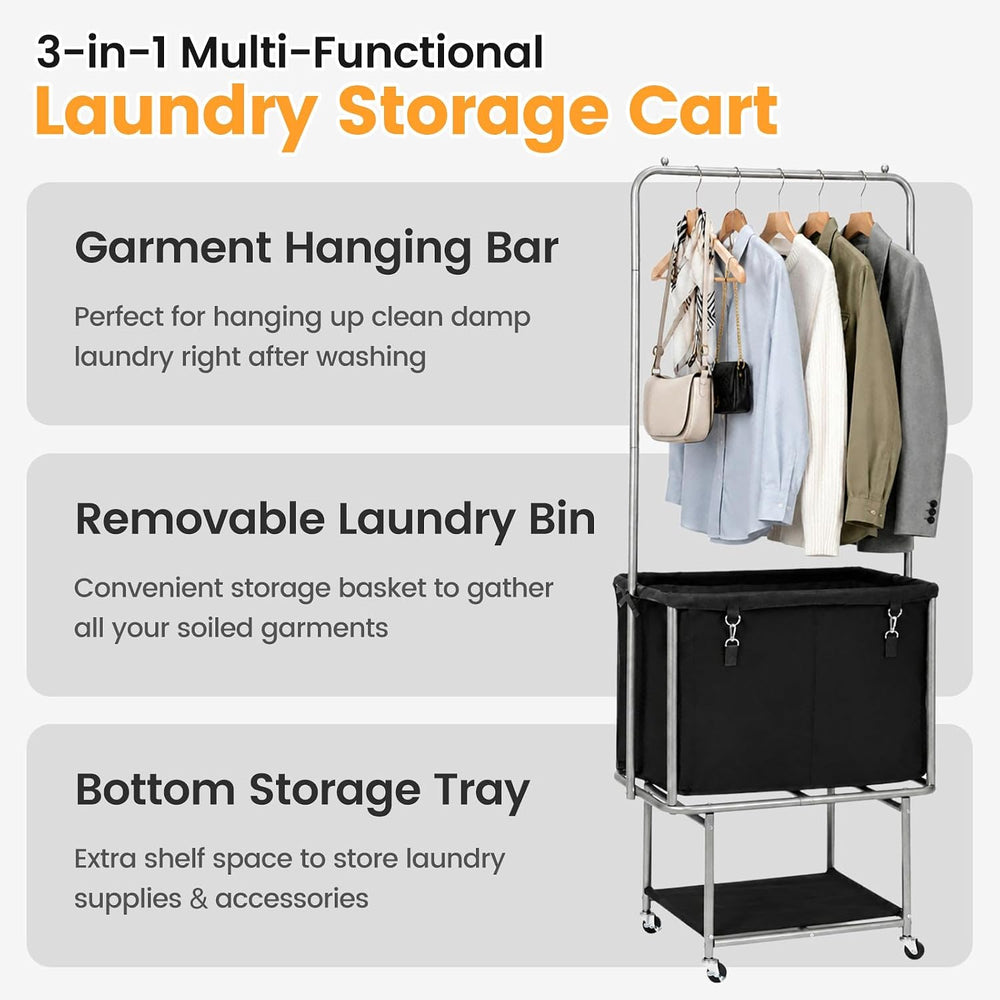 Rolling Laundry Cart 110L With Hanging Bar & Storage Shelf, Black