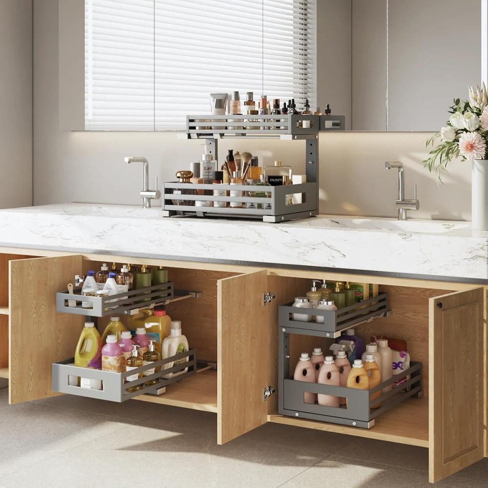 2-Pack Under Sink Organizers and Storage,2-Tier L Shape Pull Out Cabinet Orga...