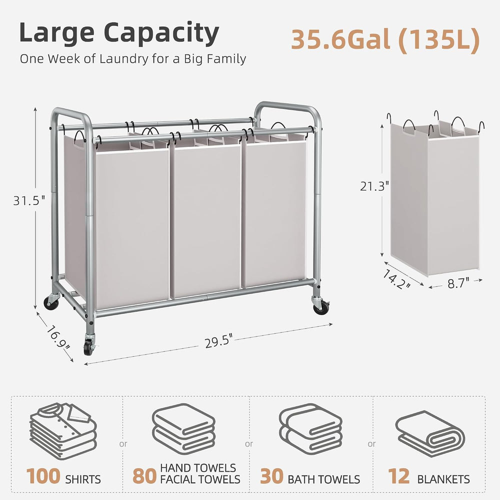STORAGE MANIAC 3 Section Laundry Sorter, 35.6 Gal (135 L) Laundry Hamper Cart...