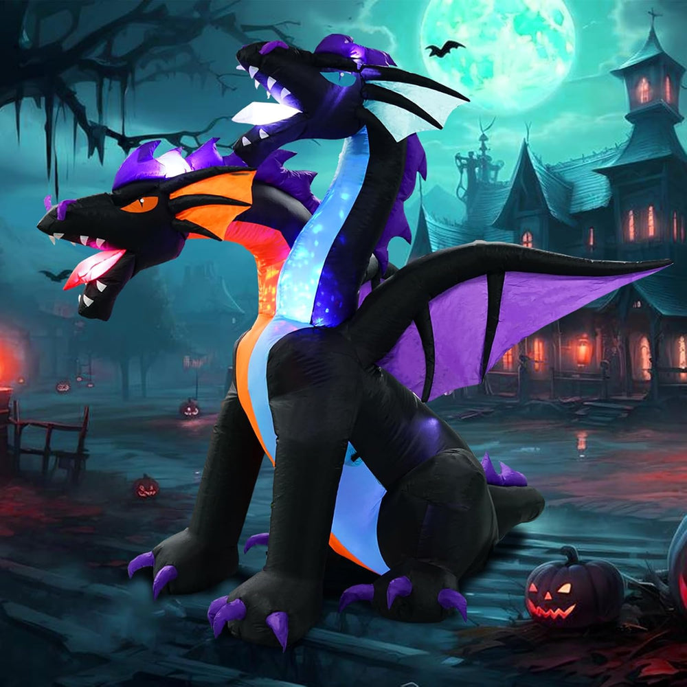 7FT Tall Halloween Inflatables Dragon with 2 Heads, Fire and Ice Blow Up Drag...