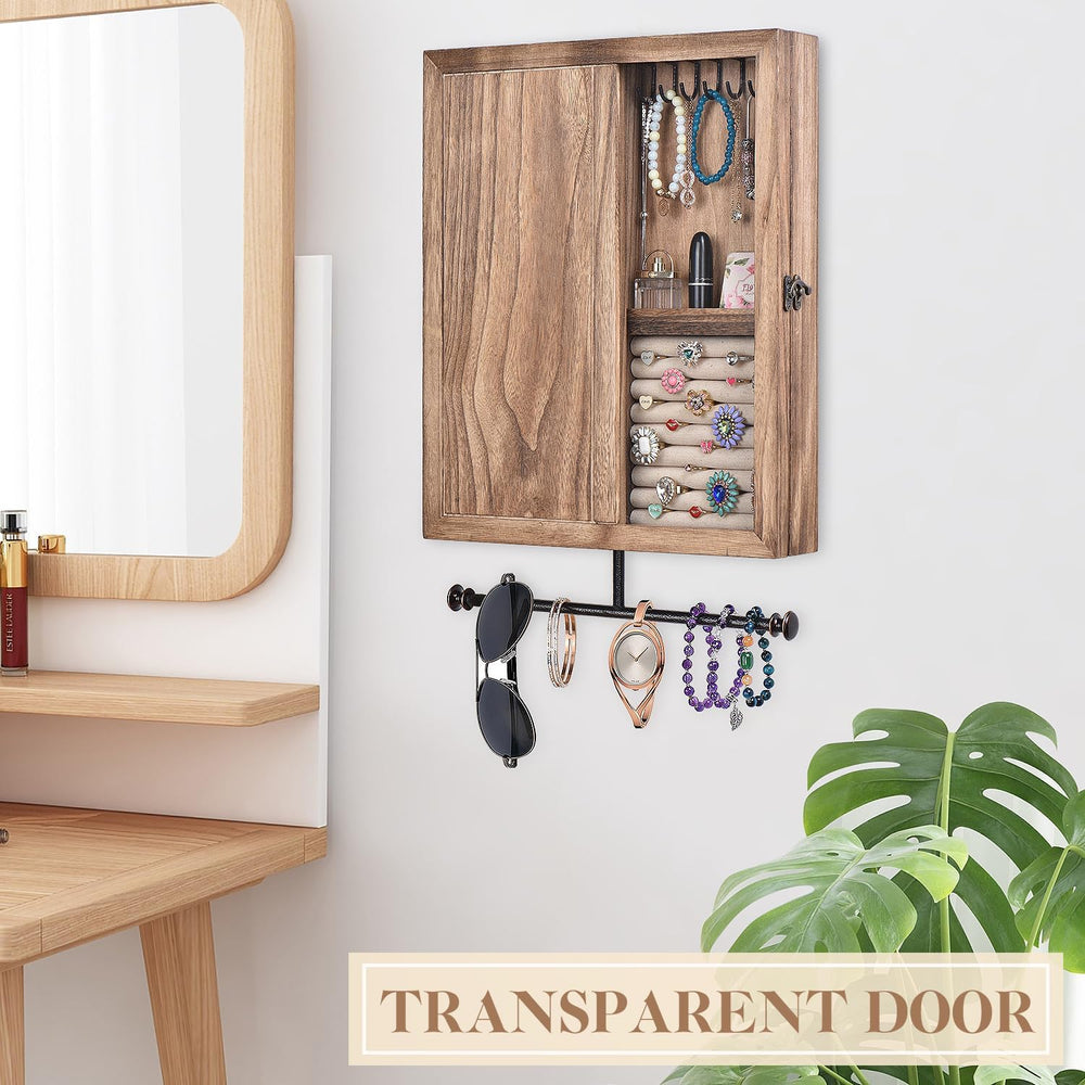 Wall Mounted Jewelry Organizer Box Rustic Wood Large Space Jewelry Cabinet Ho...