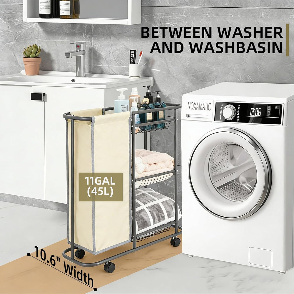 Narrow Laundry Sorter Cart with Wheels, 3 Tier Laundry Storage Cart, Beige