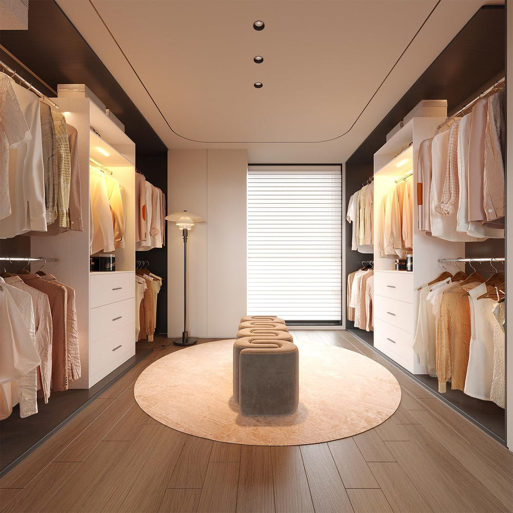 Wooden Closet System With LED Light 11FT Closet Organizer with 3 Wooden Drawe...