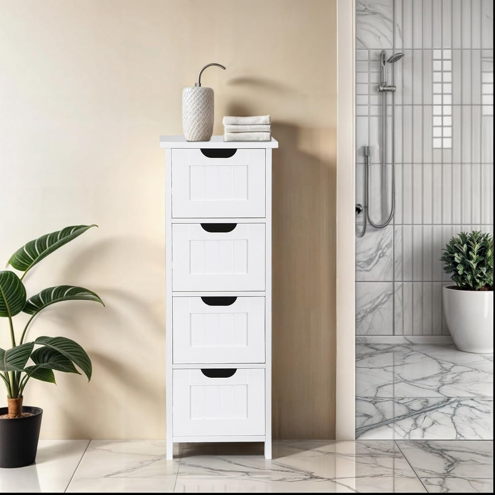 Bathroom Floor Storage Cabinet, Freestanding Wooden Side Organizer w/4 Drawer...