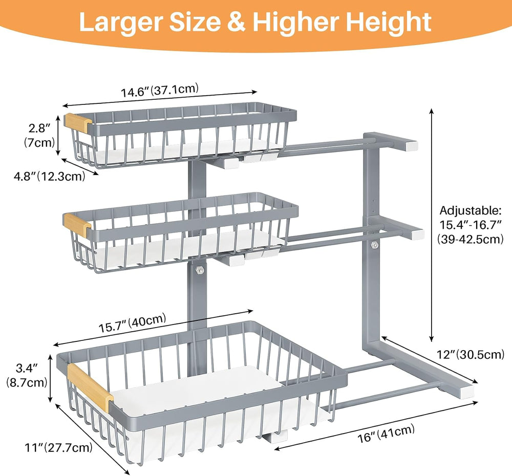PXRACK Under Sink Organizer, 2-Pack 3-Tier Height Adjustable Thickened Metal ...
