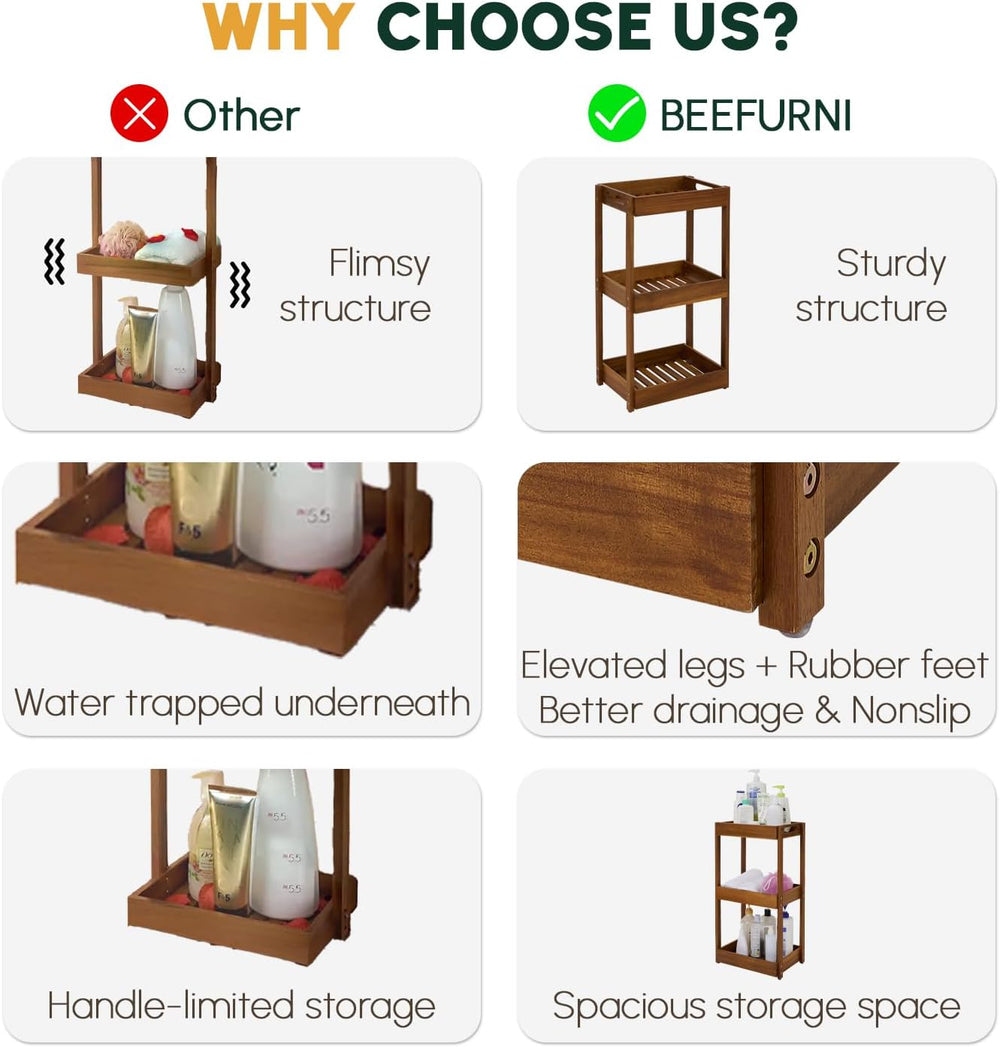 3-Tier Corner Standing Acacia Wood Shower Caddy Organizer