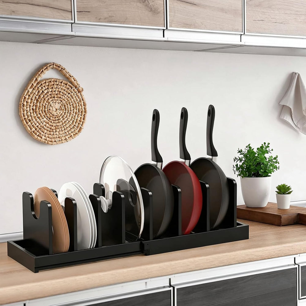 Bamboo Expandable Pot Lid Organizer,Pots and Pans Organizer inside Cabinet