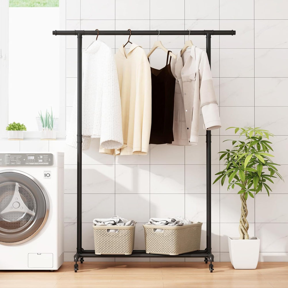 Industrial Pipe Clothing Rack, Heavy Duty Metal Clothes Rack With Wheels, Rol...