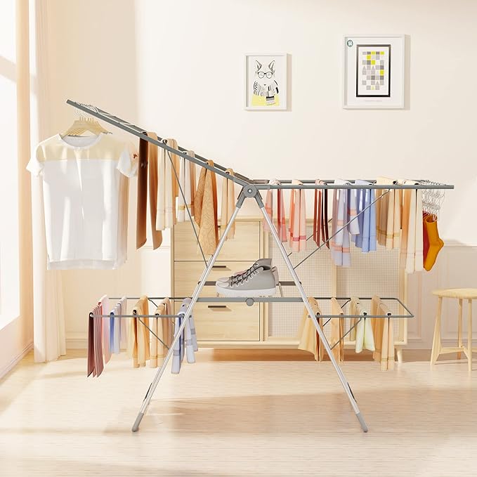 Bigzzia Clothes Drying Rack Foldable, 2-Level Large Laundry Drying Rack