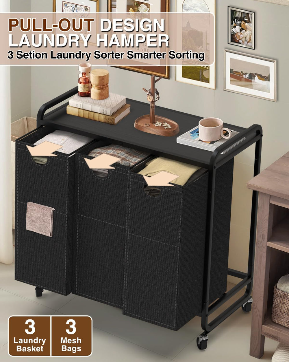 Laundry Sorter 3 Section,Laundry Basket with Wheels,3×15.8 Gal (60L) Black
