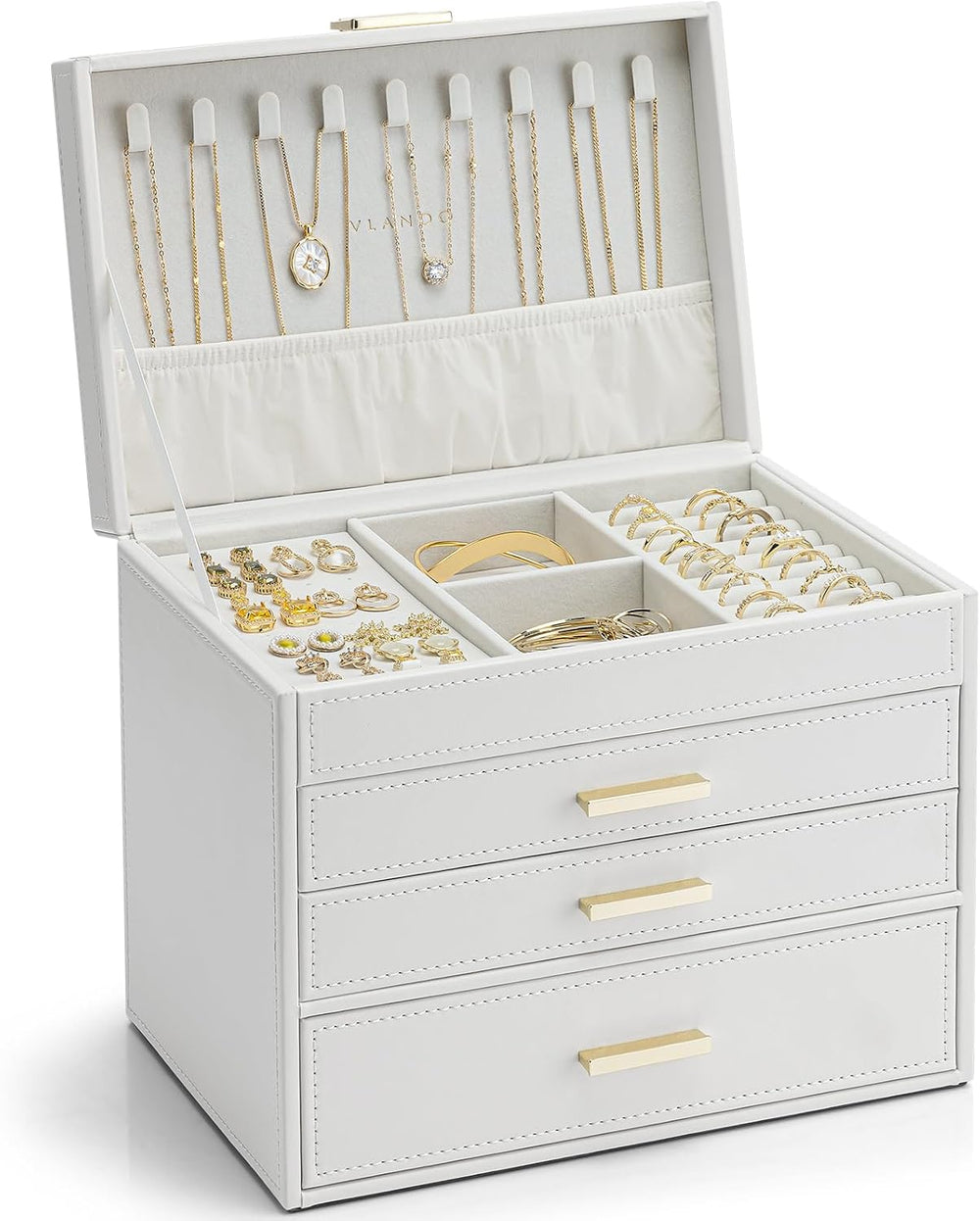 VLANDO Large Jewelry Box, 4 Layer Storage Organizer, Removable Dividers