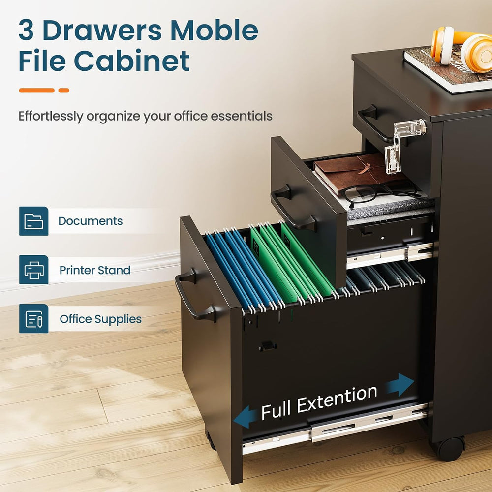 MIIIKO File Cabinet 3 Drawers on Wheels Under Desk, Black Metal File Cabinets...