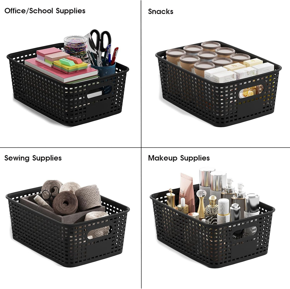 Black Plastic Storage Baskets for Organizing, 12 Pack