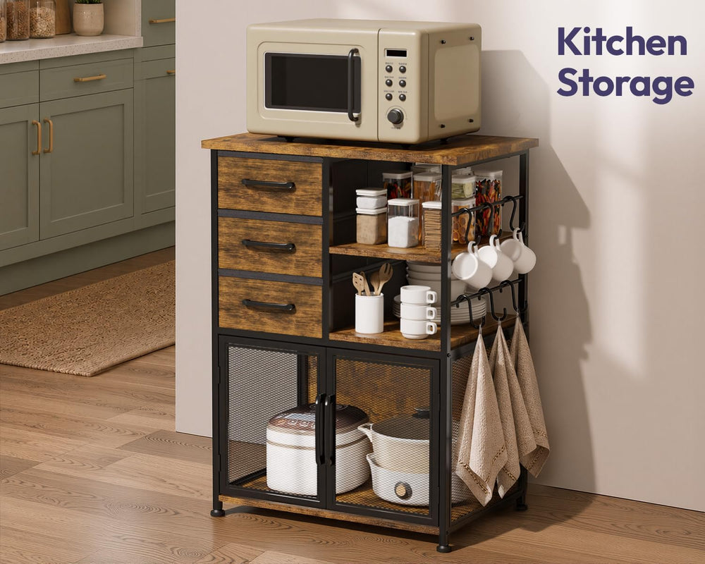 Coffee Bar Cabinet with Drawers - Open Shelves and Mesh Doors