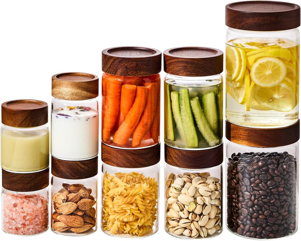 Sweejar 10-Piece Glass Storage Jar Set with Acacia Wood Lids, 5/8/16/32 oz, T...