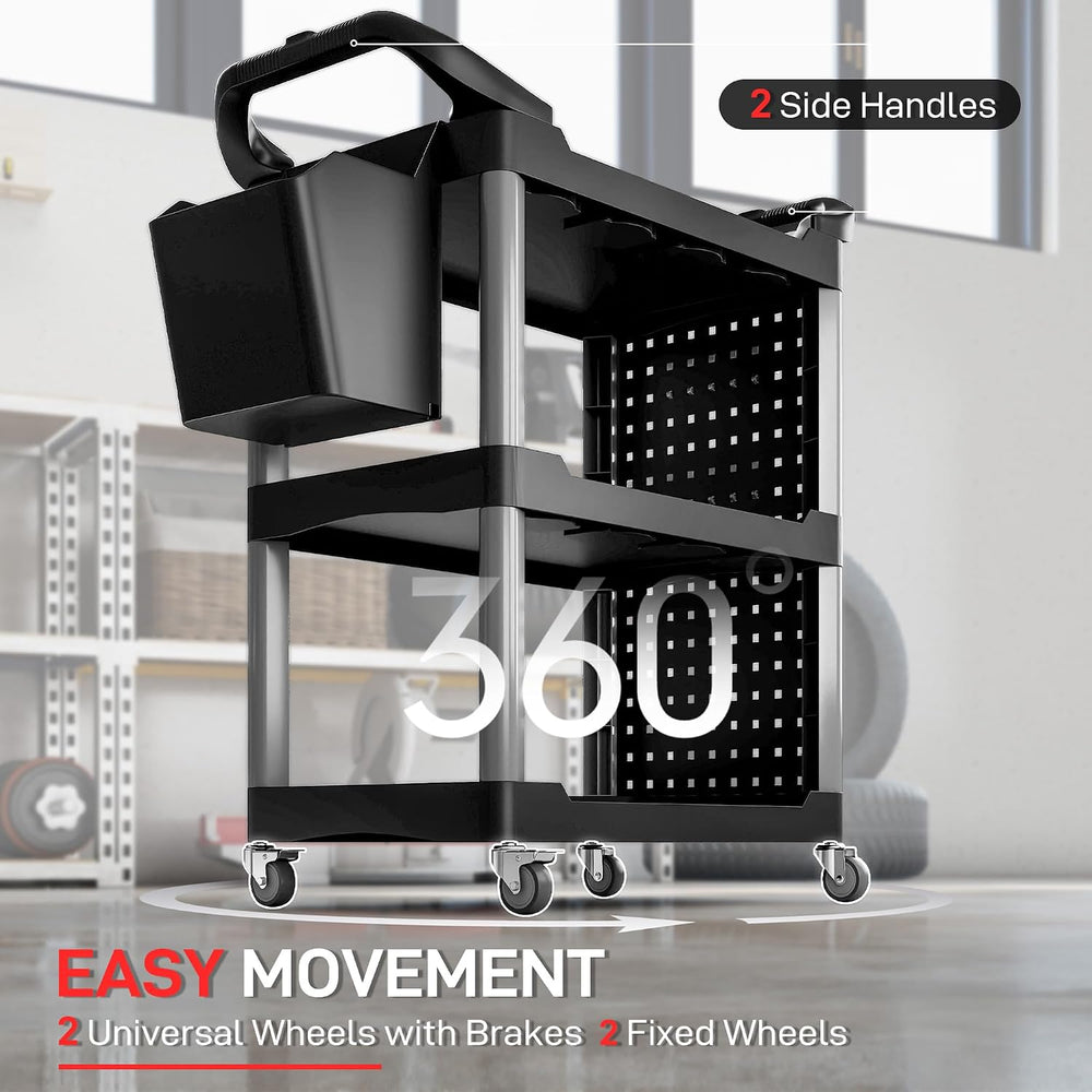 HOMCOM 3 Tier Utility Cart on Wheels with Pegboards, Black and Light Gray