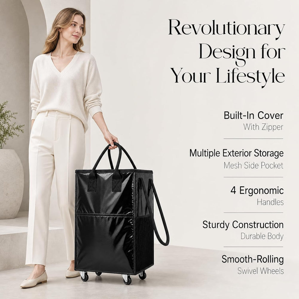 Rolling Grocery Bag on 4 Wheels,18 Gallon Foldable Tote Bag with 4 Handles