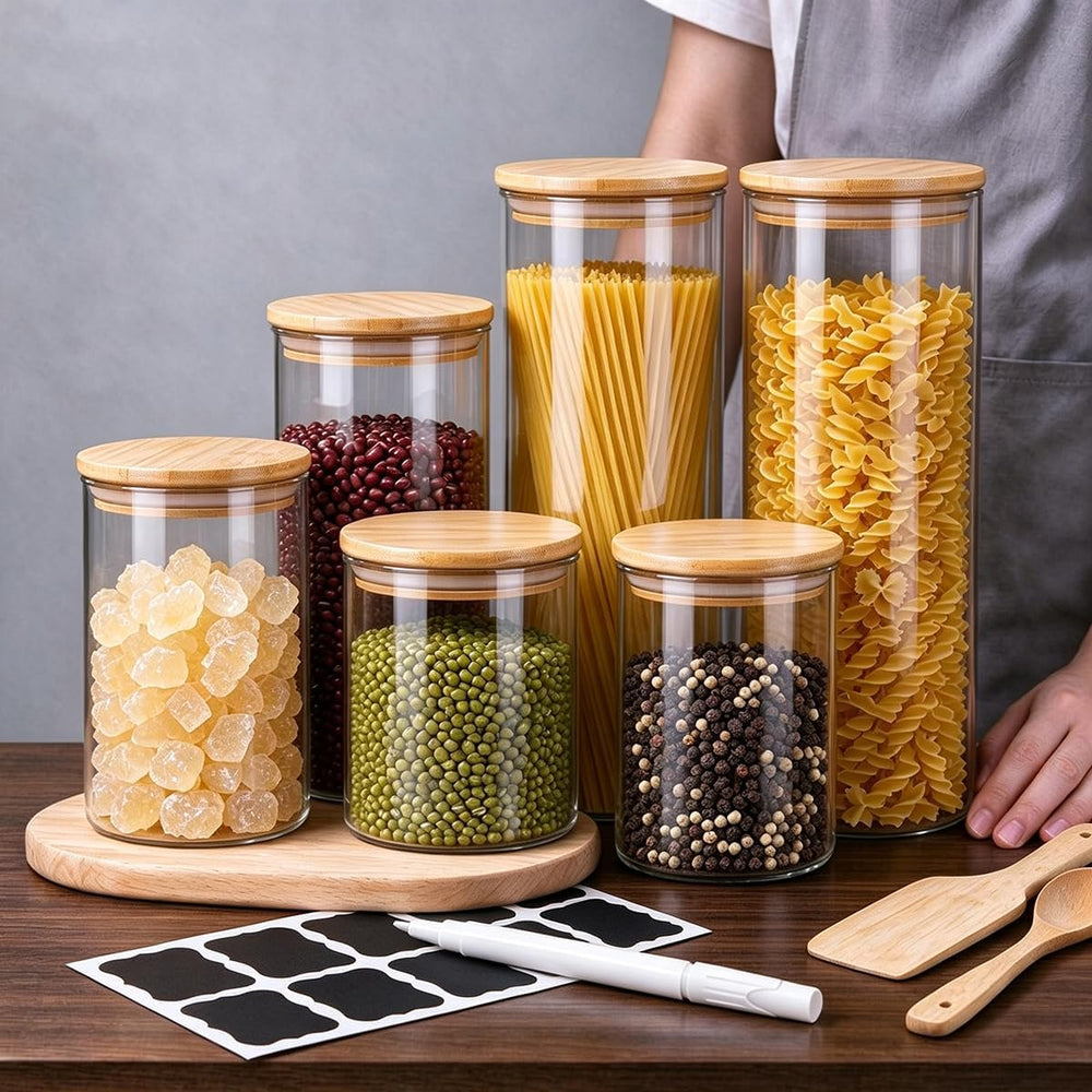 6 Pack Airtight Glass Storage Containers Set for Tea Coffee Pasta Spices