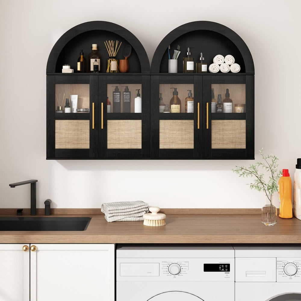 RUSTOWN Arched Bathroom Wall Cabinet with 2 Glass & Rattan Doors