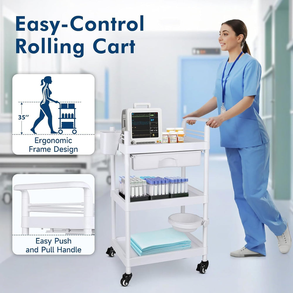 Medical Carts with Wheels 3-Tier Mobile Trolley Cart 100 LBS Max Load Medical...