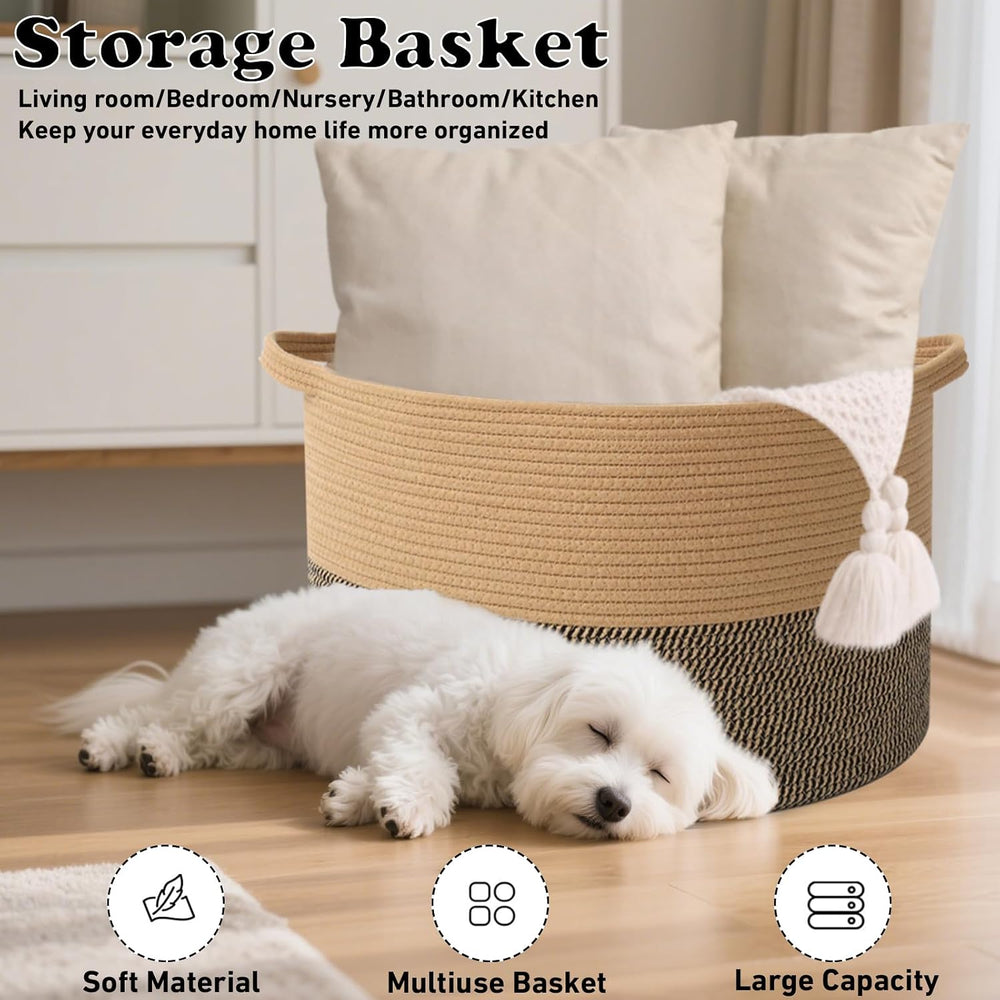 115L Extra Large Blanket Basket,Woven Laundry Basket-Jute&Black