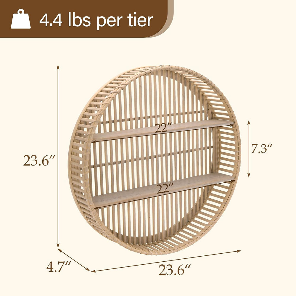 Rattan Wall Shelf 3 Tier Boho Wall Mounted Shelf Farmhouse Handcraft Round Fl...