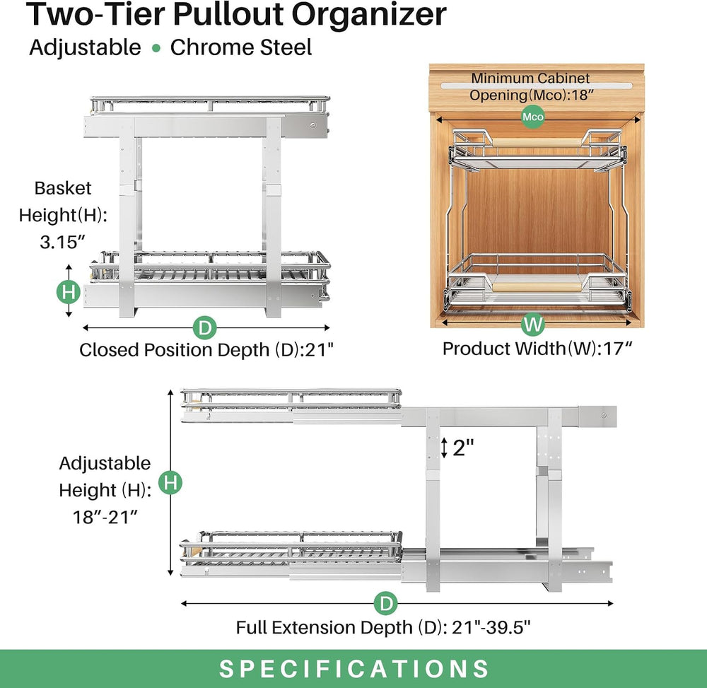 Pull out Cabinet Organizer, 2 Tiers 17"W X 21"D, Heavy Duty Smooth ...