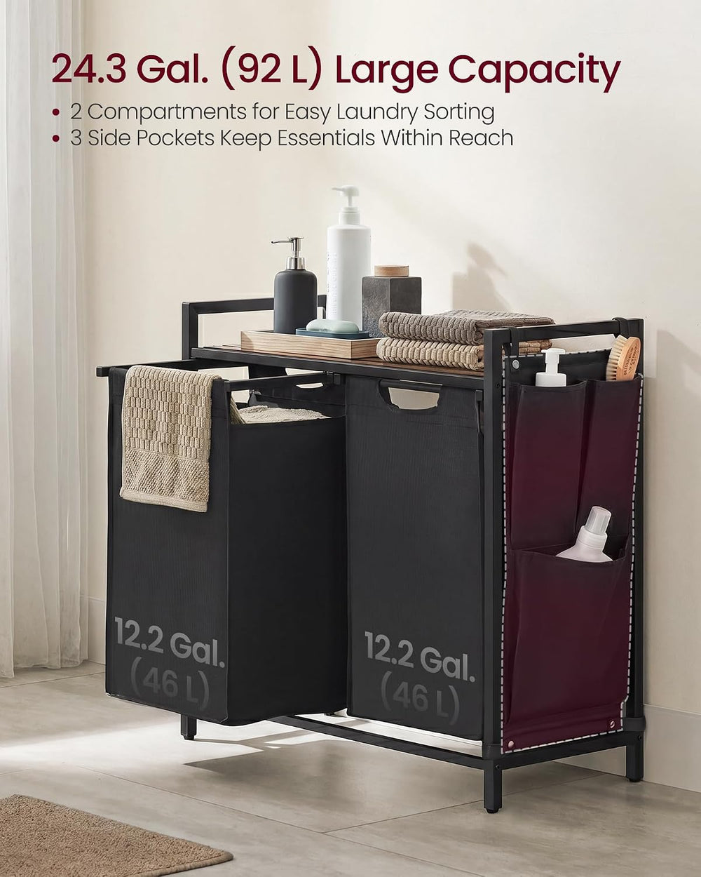VASAGLE Laundry Hamper with Shelf, 2 Pull-Out Bags, 2 x 12.1 Gallons (46 L)