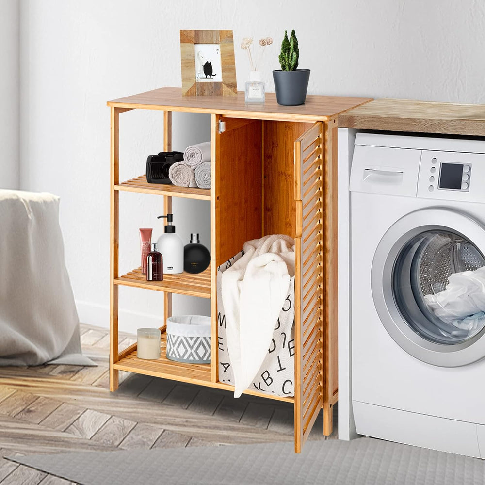Tangkula Bamboo Bathroom Floor Cabinet, Storage Cabinet with Shutter Door and...