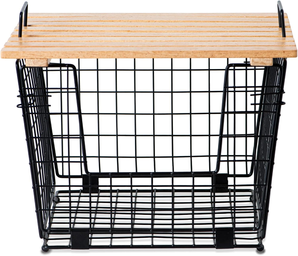 2 Wire Storage Basket with Bamboo Shelf for Fruits Vegetables and Spices