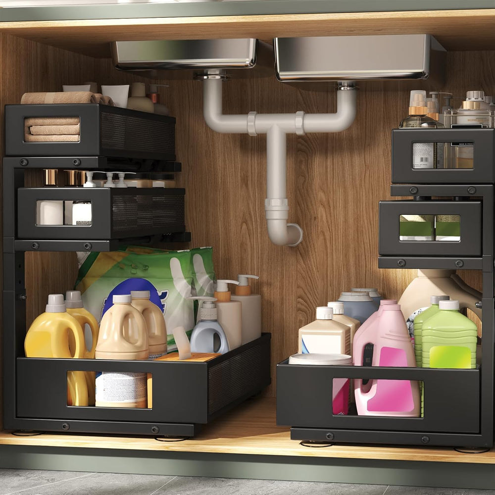 3-Tier Pull Out Under Sink Organizer,2-Pack Heavy Duty Metal Cabinet Organize...