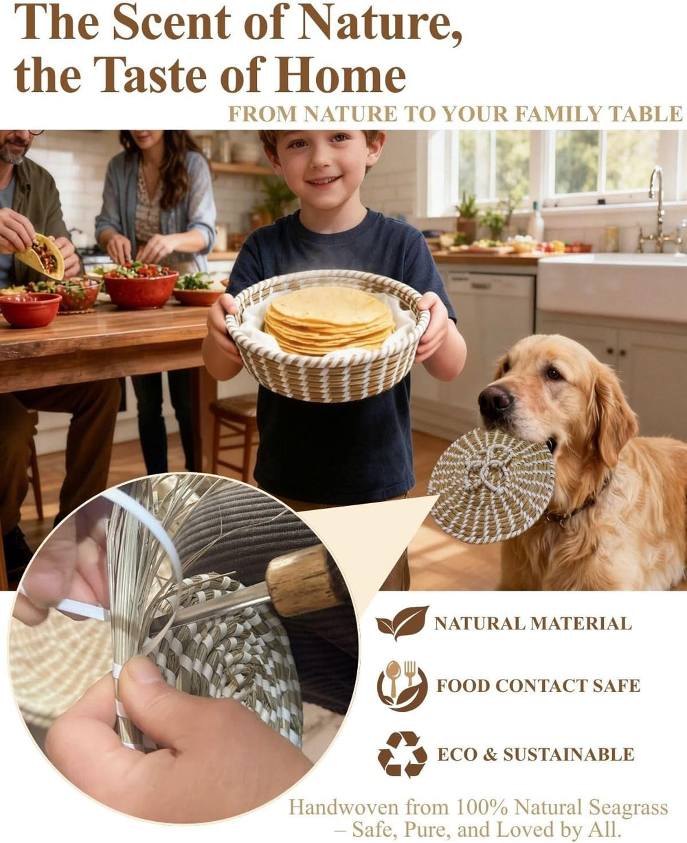 Handwoven Seagrass Tortilla Warmer Basket with Lid, 9.6" Breathable Natu...