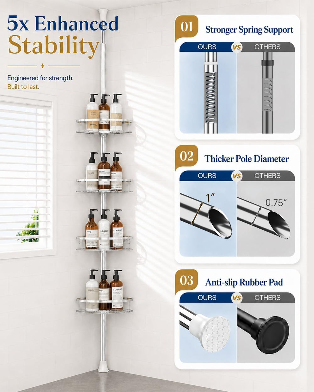 SEIRIONE Rustproof Corner Shower Caddy Tension Pole for Bathroom Organizers