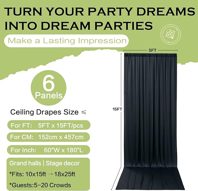 PartyVillage 30ft×15ft Black Backdrop Curtain for Halloween Parties, 6 Panels...