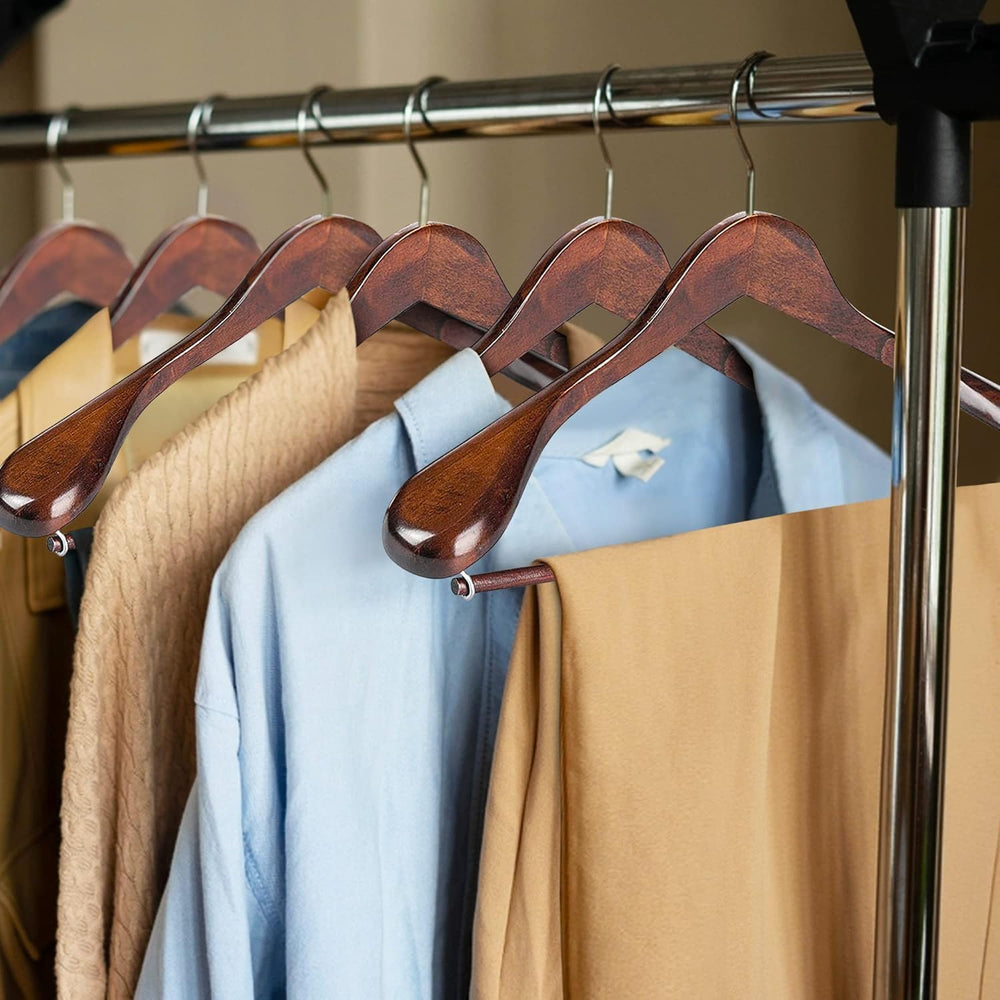 Wide Shoulder Wooden Suit Hangers with Non-Slip Pants Bar & 360° Swivel H...